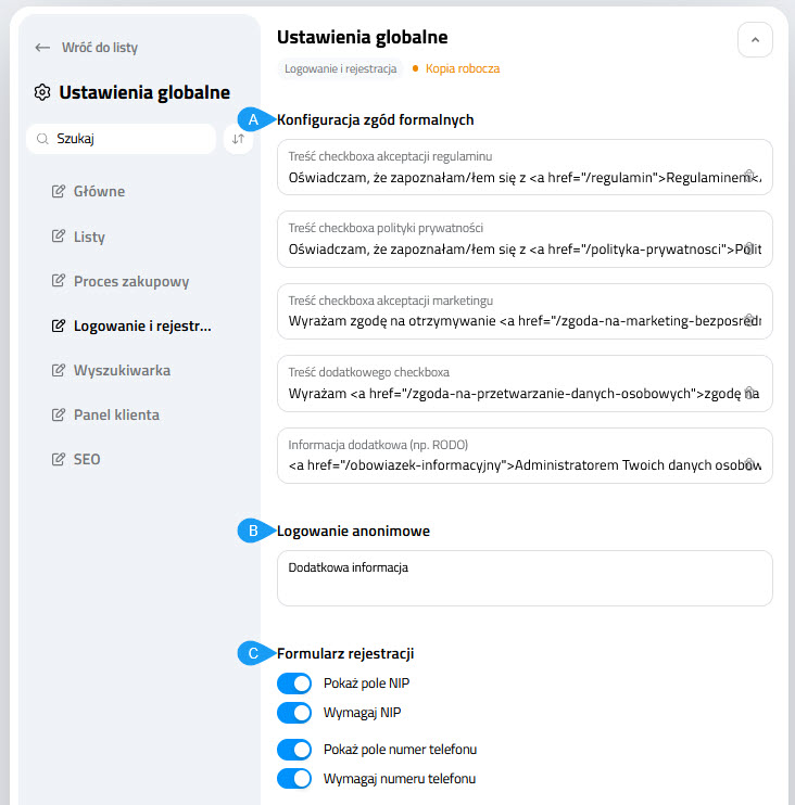 Selesto - Wygląd - CMS - Ustawienia globalne logowania i rejestracji