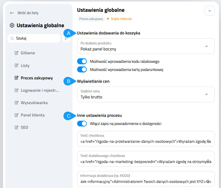 Selesto - Wygląd - CMS - Ustawienia globalne procesu zakupowego