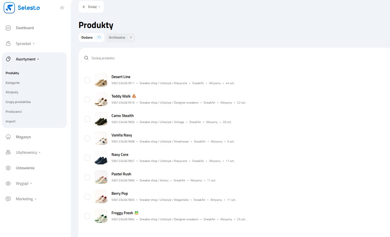 Widok produktów w testowym sklepie